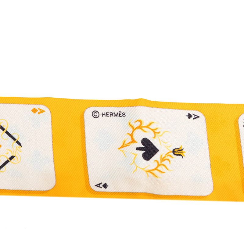 Hermes Twilly Jeu de Cartes Playing Cards Pattern Scarf Yellow Silk — view 4