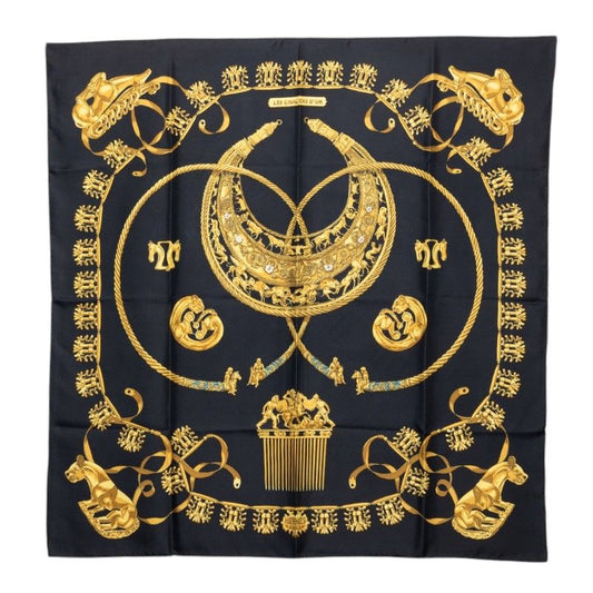 Hermes Carre 90 les Cavaliers D'or Yellow Gold Knight Scarf Black Silk