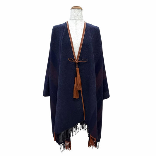Hermes Rocabar Wool Cashmere Trimming with Tassel Fringe Cape Poncho Navy
