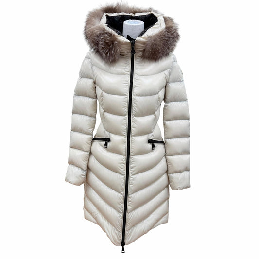 Moncler Aphia Fur Logo Patch Hooded Down Coat Beige 0
