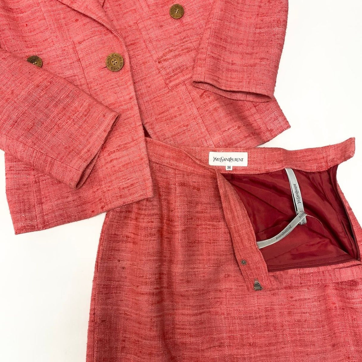 Saint Laurent Set Skirt Suit Tweed Jacket Knee-Length Pink Silk — view 5