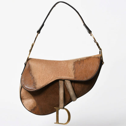 Dior Saddle Bag Calf Hair Suede Brown Gold
