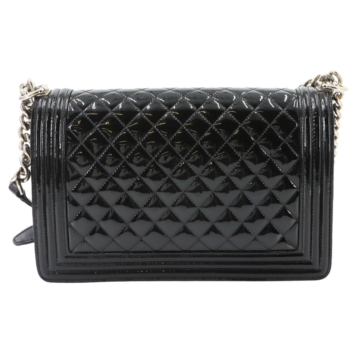 Chanel Boy Chain Shoulder Bag Patent Leather Black Silver — view 2