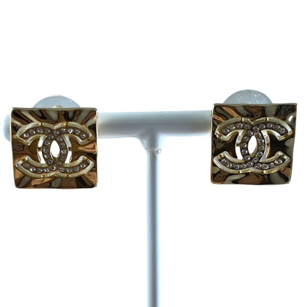 Chanel Earrings CC Logo Square Rhinestone Champagne Gold