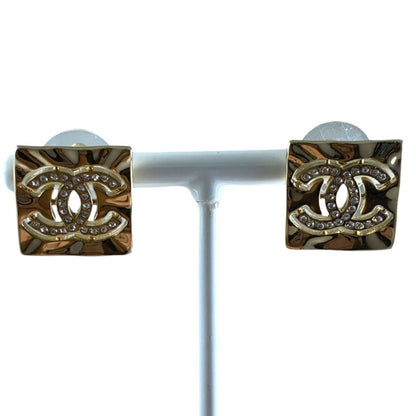 Chanel Earrings CC Logo Square Rhinestone Champagne Gold