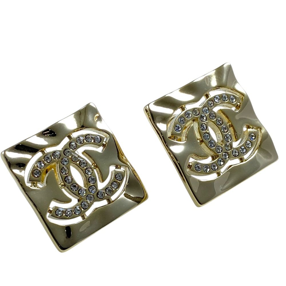 Chanel Earrings CC Logo Square Rhinestone Champagne Gold — view 6