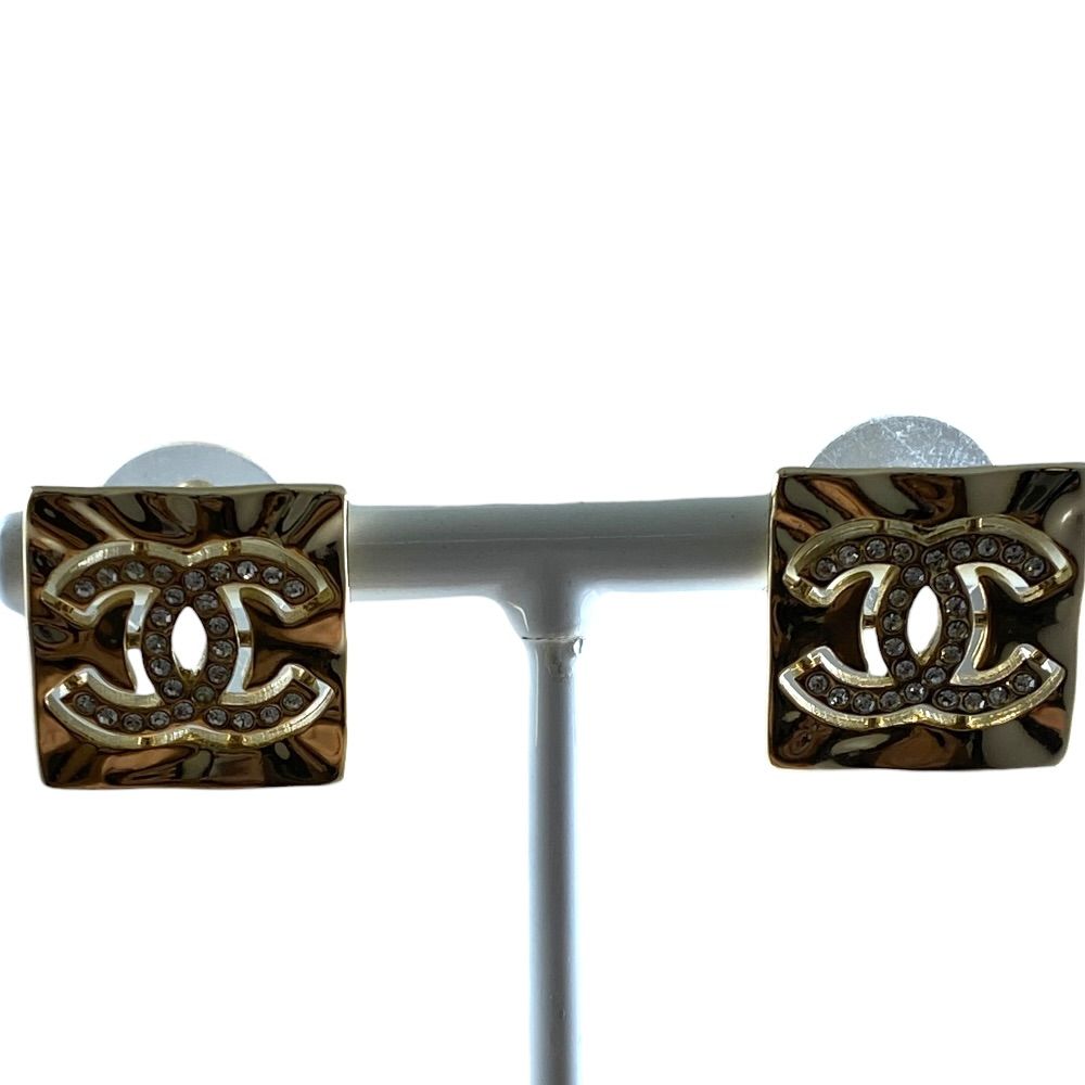 Chanel Earrings CC Logo Square Rhinestone Champagne Gold — view 4