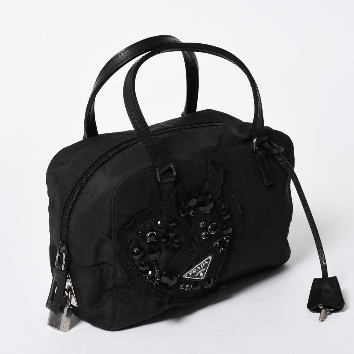 Prada Handbag Evening Heart Triangle Logo Nylon Black Silver — view 3