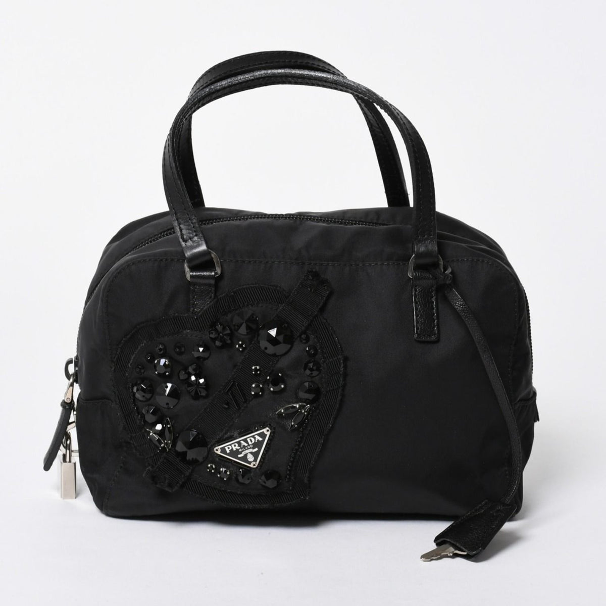 Prada Handbag Evening Heart Triangle Logo Nylon Black Silver