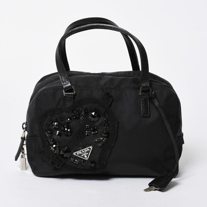 Prada Handbag Evening Heart Triangle Logo Nylon Black Silver