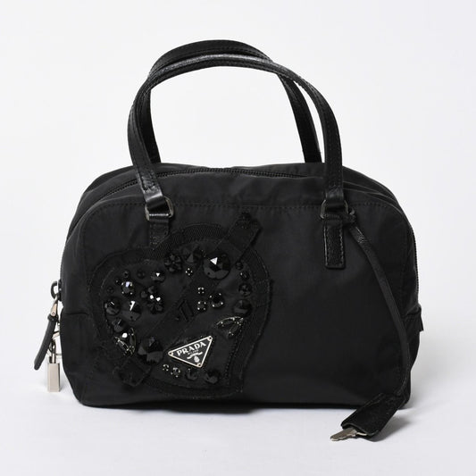 Prada Handbag Evening Heart Triangle Logo Nylon Black Silver