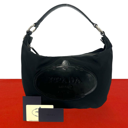Prada Logo Stamp Tessuto Pocono Nylon Patent Shoulder Bag Black