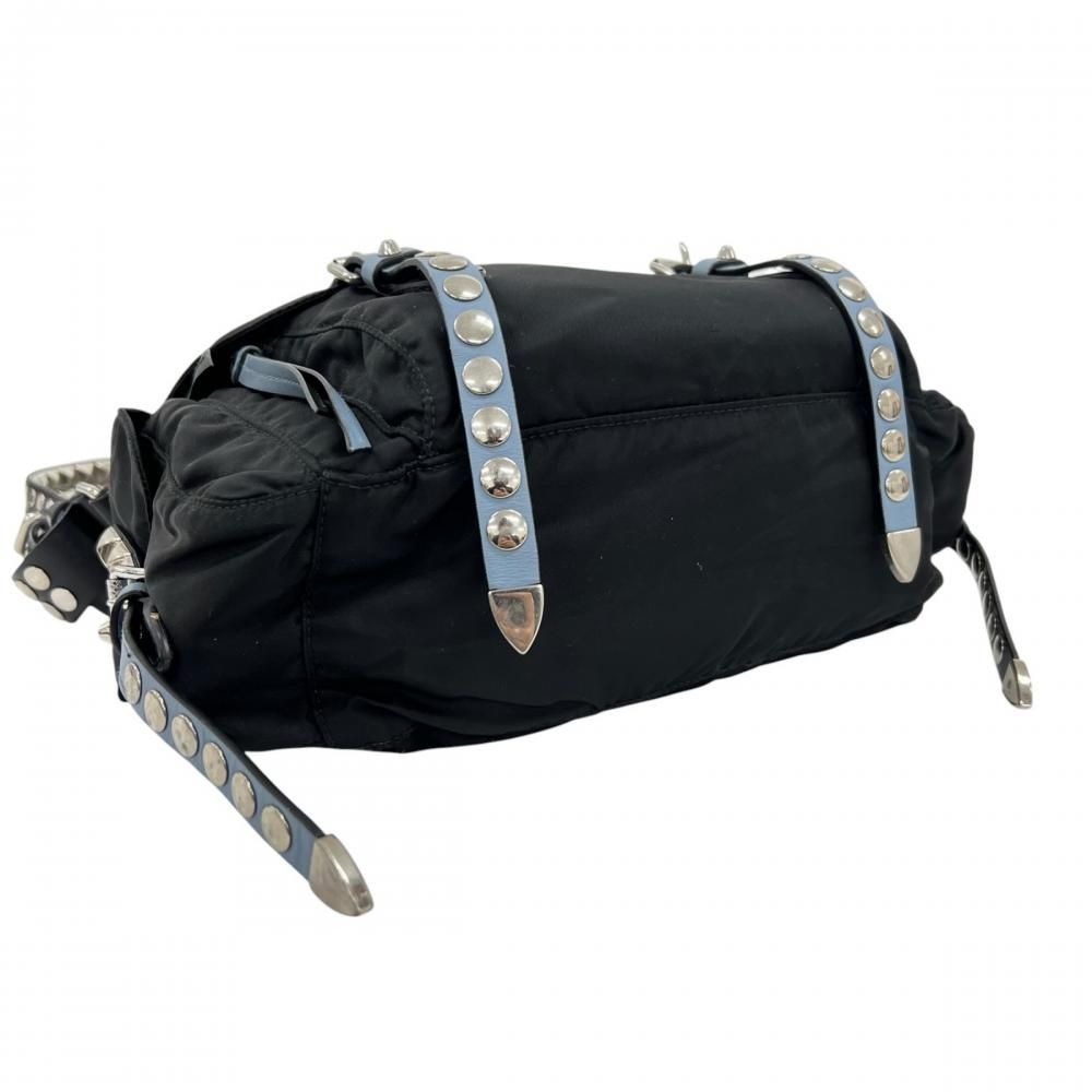 Prada Shoulder Bag Studded Nylon Black Light Blue Silver — view 3