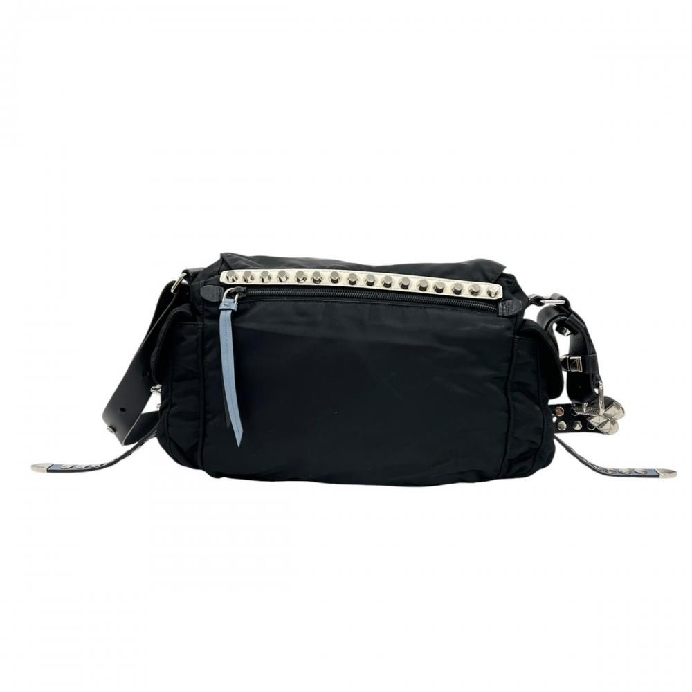 Prada Shoulder Bag Studded Nylon Black Light Blue Silver — view 2