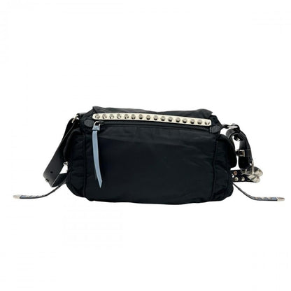 Prada Shoulder Bag Studded Nylon Black Light Blue Silver — view 2