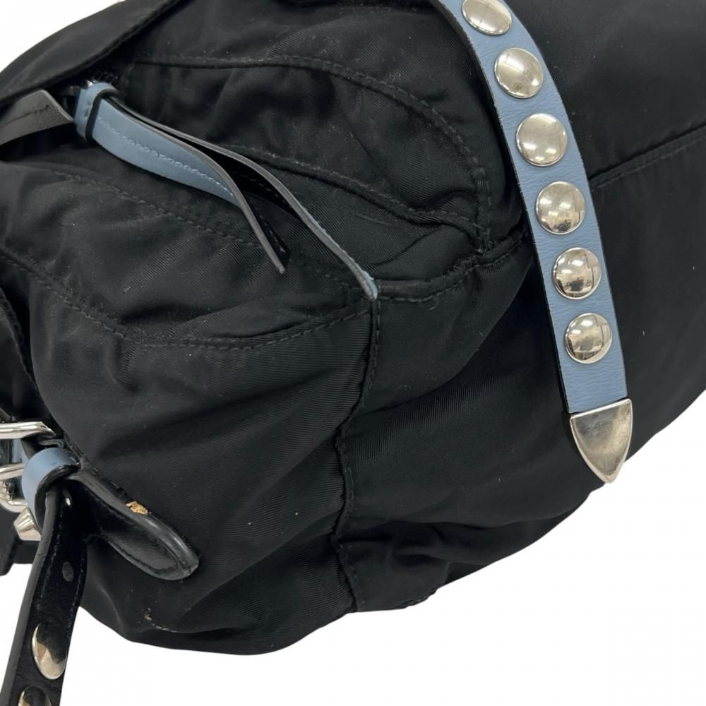 Prada Shoulder Bag Studded Nylon Black Light Blue Silver — view 8