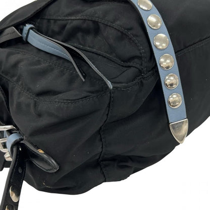 Prada Shoulder Bag Studded Nylon Black Light Blue Silver — view 8
