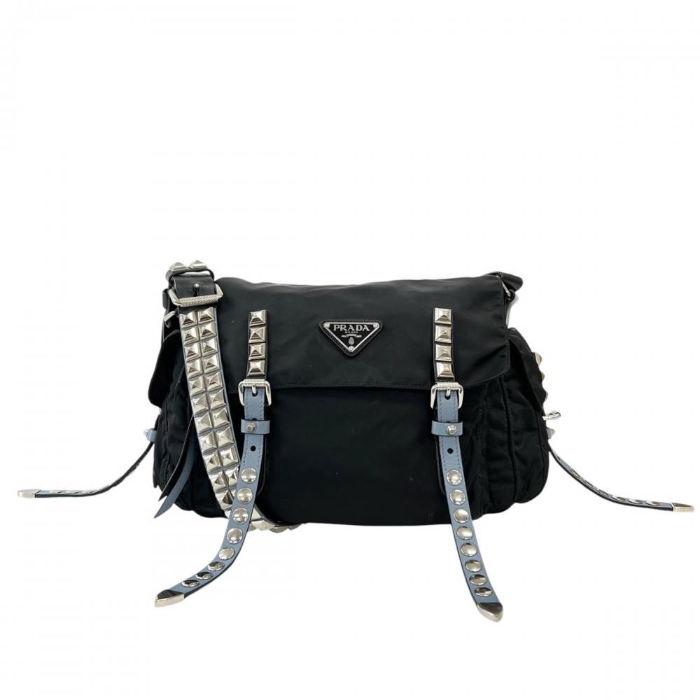 Prada Shoulder Bag Studded Nylon Black Light Blue Silver