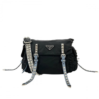 Prada Shoulder Bag Studded Nylon Black Light Blue Silver