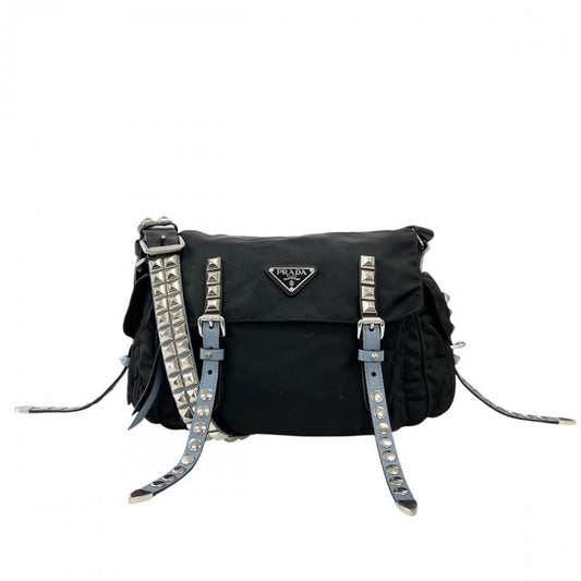 Prada Shoulder Bag Studded Nylon Black Light Blue Silver