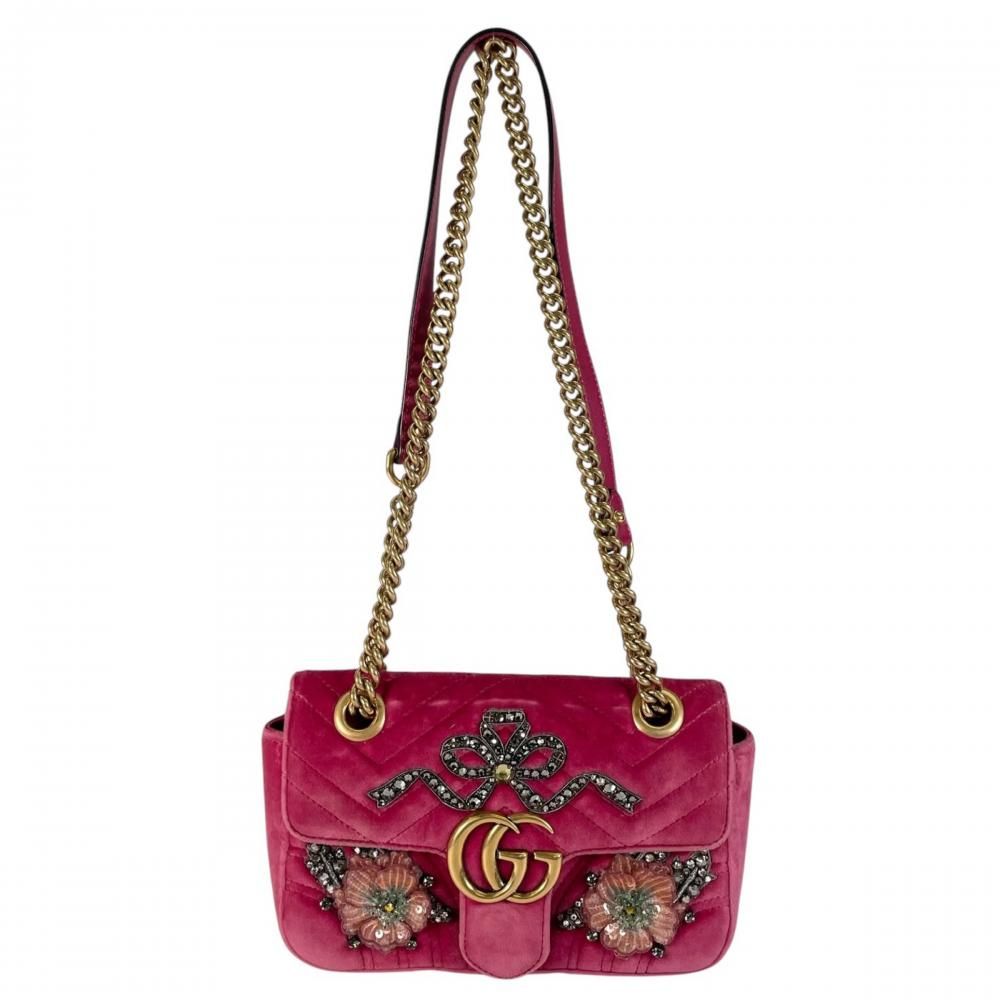 Gucci 2-Way GG Marmont Shoulder Bag Velour Leather Sequin Pink Antique Gold