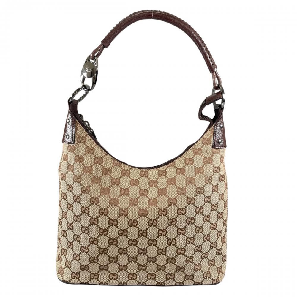 Gucci Shoulder Bag Tote GG Canvas Leather Brown Silver
