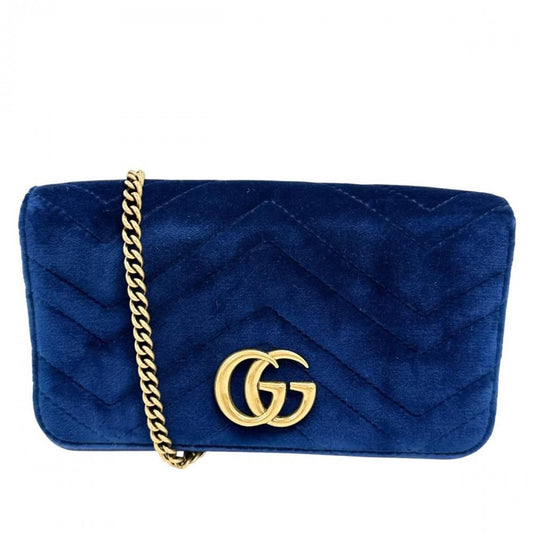 Gucci Shoulder Bag GG Marmont Logo Velvet Leather Blue Gold