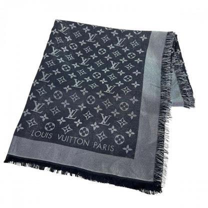 Louis Vuitton Shawl Monogram Shine Large Silk Wool Rayon Black Scarf