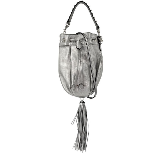 Miu Miu 2-Way Tassel Drawstring Shoulder Bag Crossbody Leather Rhinestone Silver