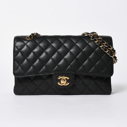 Chanel Quilted 25 Double Flap Chain Shoulder Bag CC Logo Caviar Leather Black