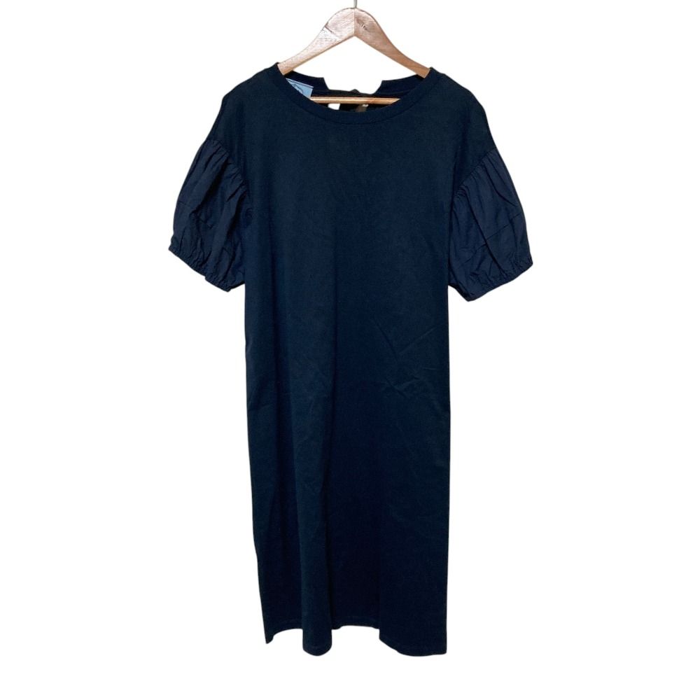 Prada Puff Sleeve Back Ribbon Long Dress Navy