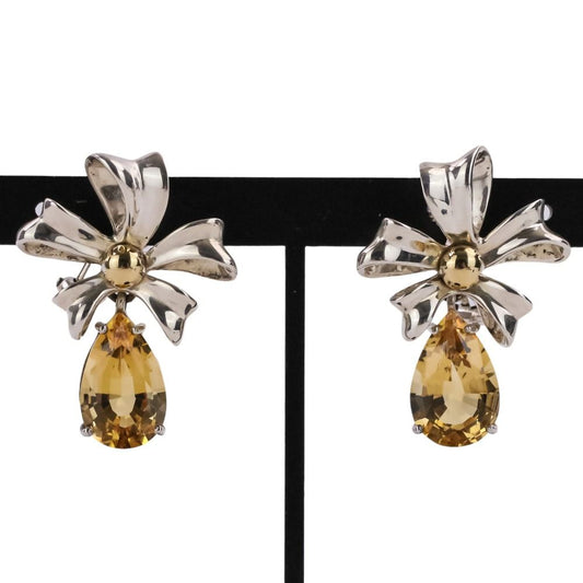 Tiffany & Co Vintage Flower Ribbon Motif Citrine Earrings 925 Sterling Silver