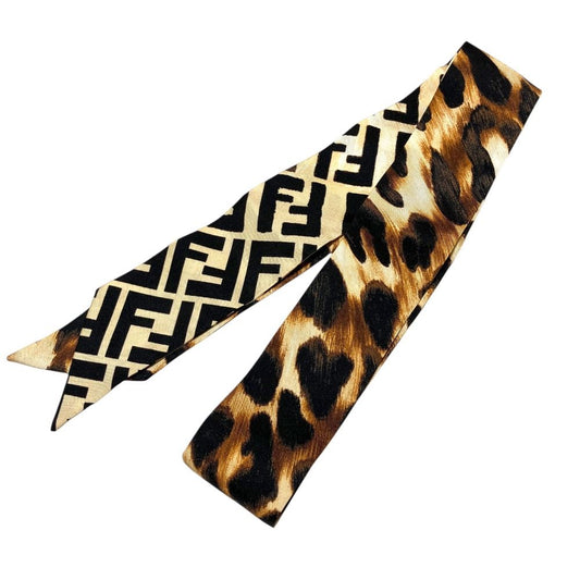 Fendi Rappy Leopard Zucca Pattern Narrow Scarf Brown