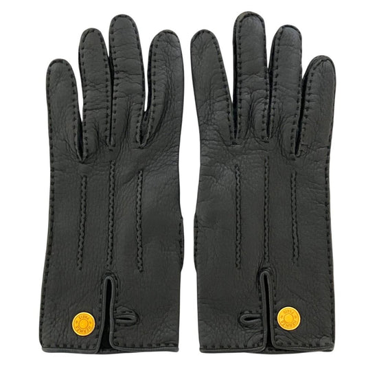 Hermes Sellier Buttons Deerskin Leather Gloves Black