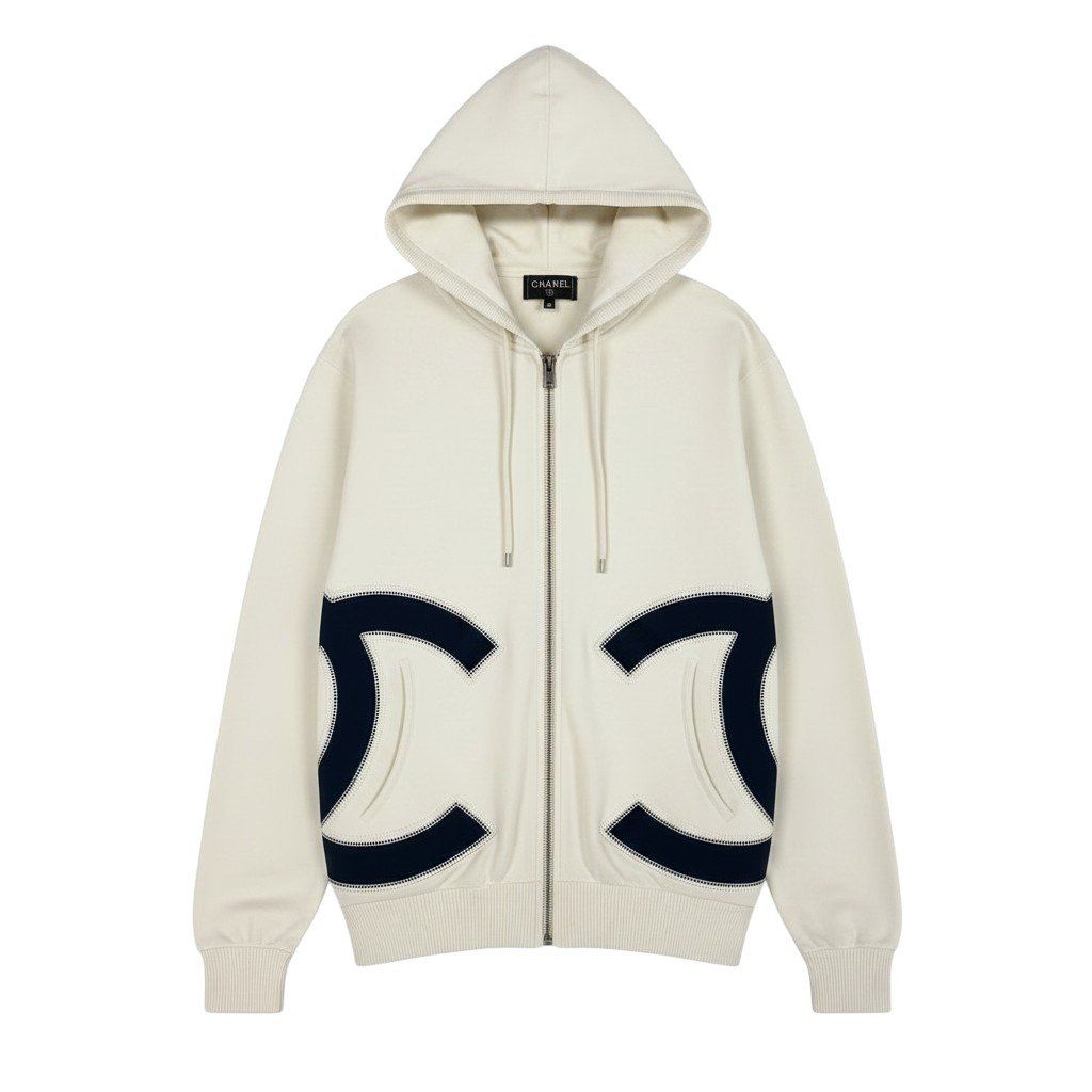 Chanel Ce1 CC Logo Double Zip Hoodie Big White