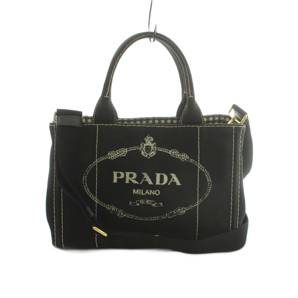 Prada 2-Way Canapa Shoulder Bag Tote Canvas Logo Print Black