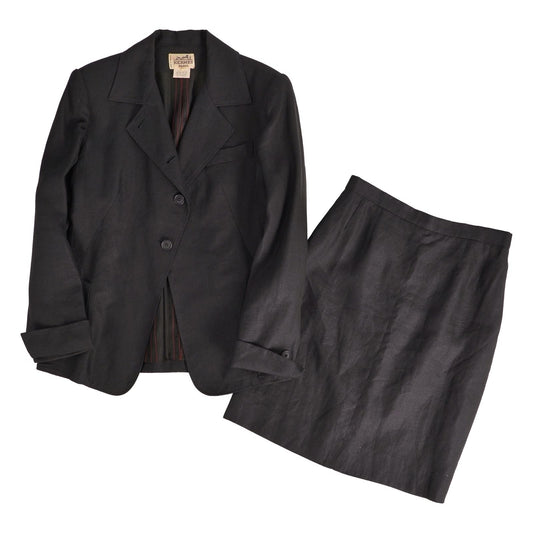 Hermes Vintage Set Skirt Suit Jacket Linen Black 42