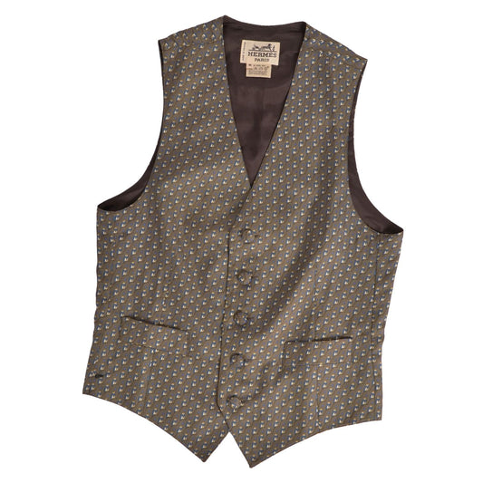 Hermes Vintage Vest Gilet All Over Print Top Silk Khaki Green 46