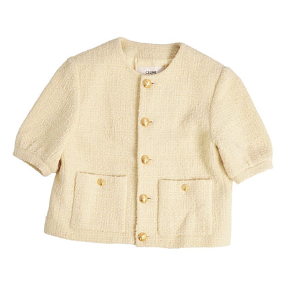 Celine Jacket Boucle Natte Collarless Short Sleeve Tweed Wool Beige 38