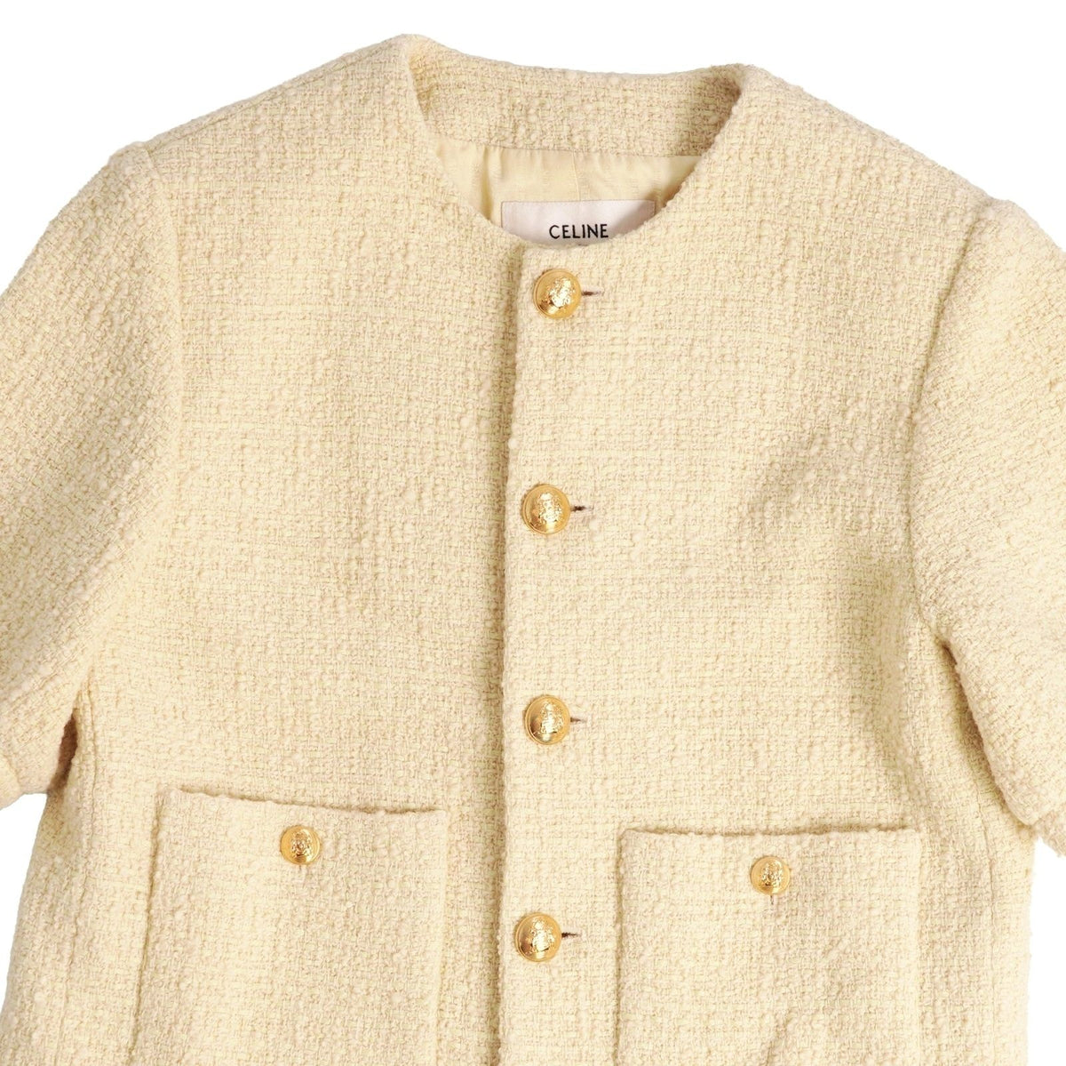 Celine Jacket Boucle Natte Collarless Short Sleeve Tweed Wool Beige 38 — view 2