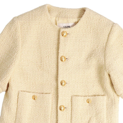 Celine Jacket Boucle Natte Collarless Short Sleeve Tweed Wool Beige 38 — view 2