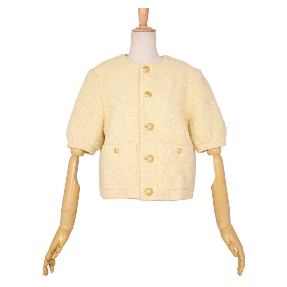 Celine Jacket Boucle Natte Collarless Short Sleeve Tweed Wool Beige 38 — view 3