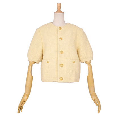 Celine Jacket Boucle Natte Collarless Short Sleeve Tweed Wool Beige 38 — view 3