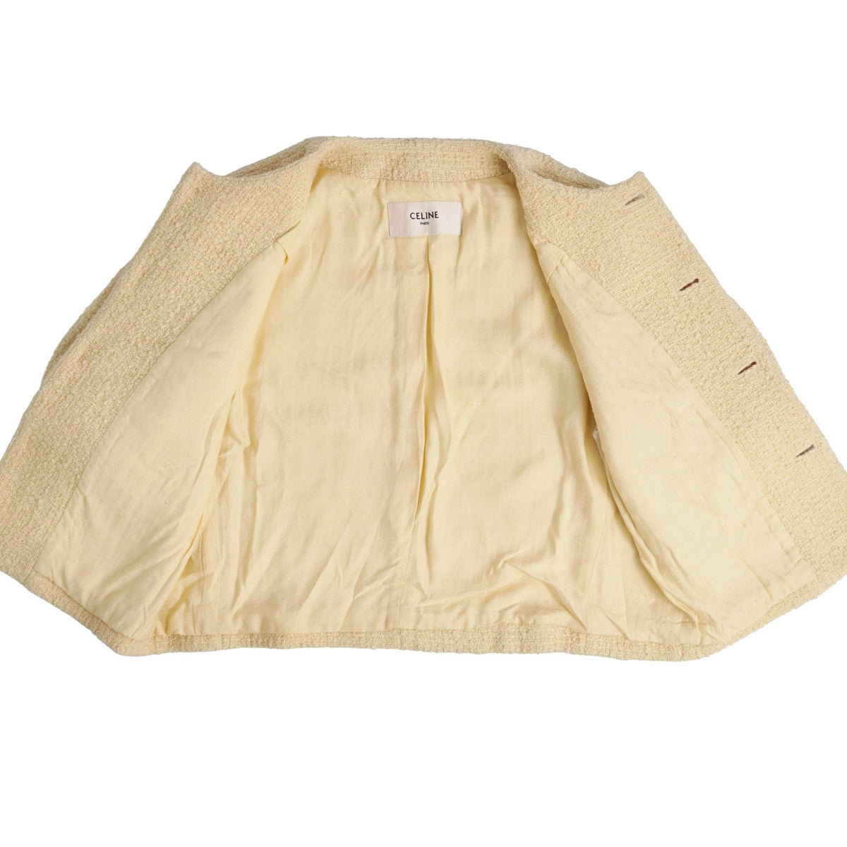 Celine Jacket Boucle Natte Collarless Short Sleeve Tweed Wool Beige 38 — view 7