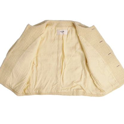 Celine Jacket Boucle Natte Collarless Short Sleeve Tweed Wool Beige 38 — view 7