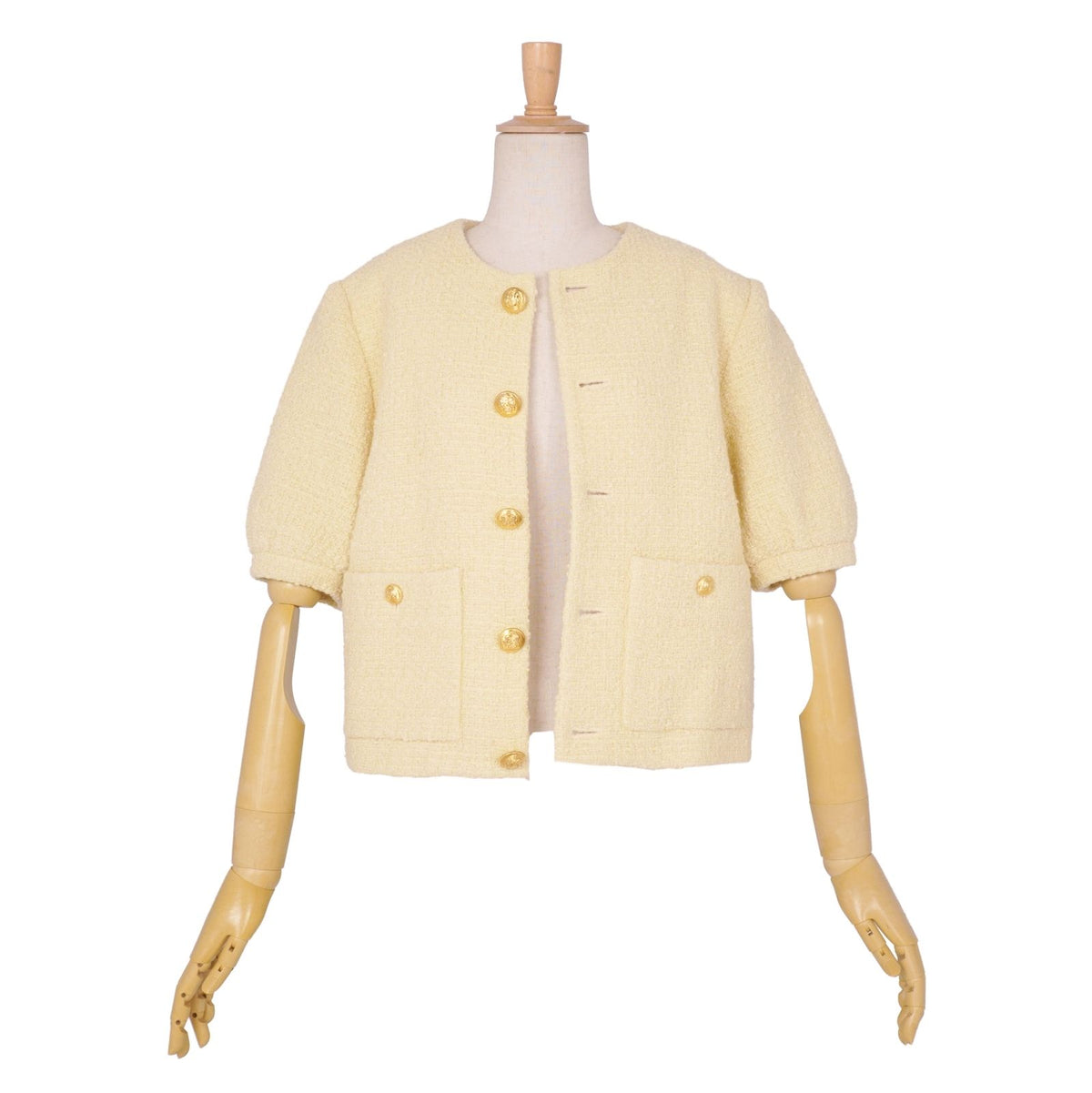 Celine Jacket Boucle Natte Collarless Short Sleeve Tweed Wool Beige 38 — view 4