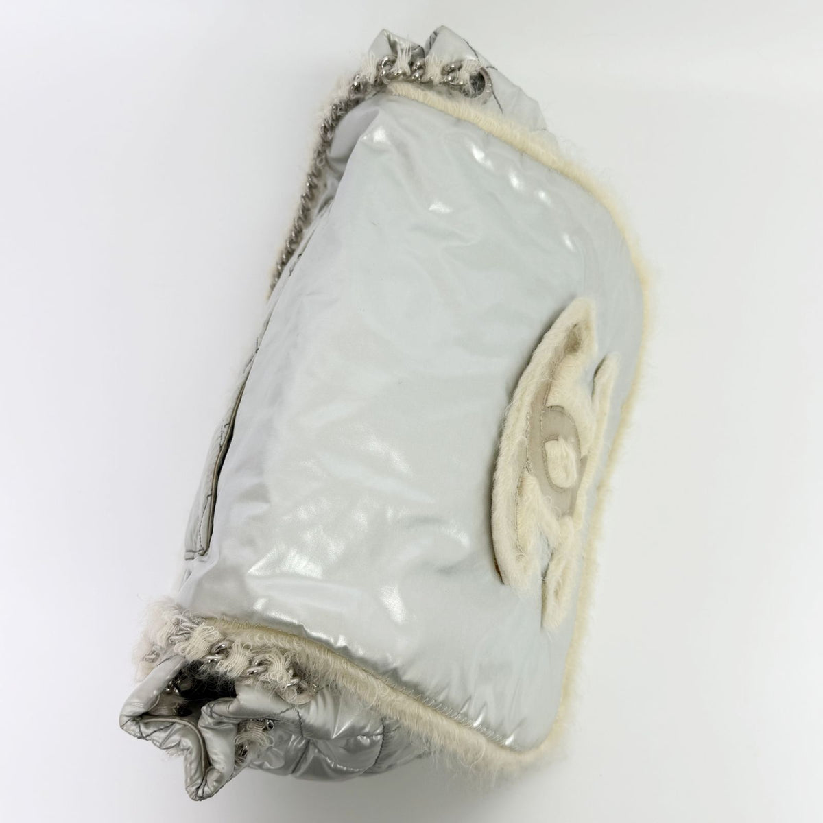 Chanel CC Logo Chain Tote Shoulder Bag Nylon Silver Ivory Seal Vintage — view 7