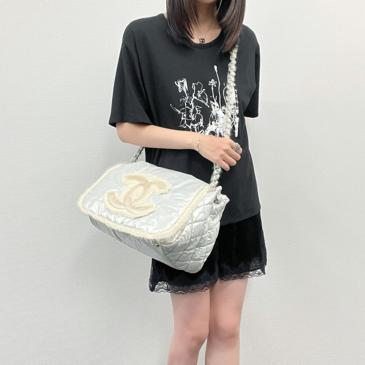 Chanel CC Logo Chain Tote Shoulder Bag Nylon Silver Ivory Seal Vintage