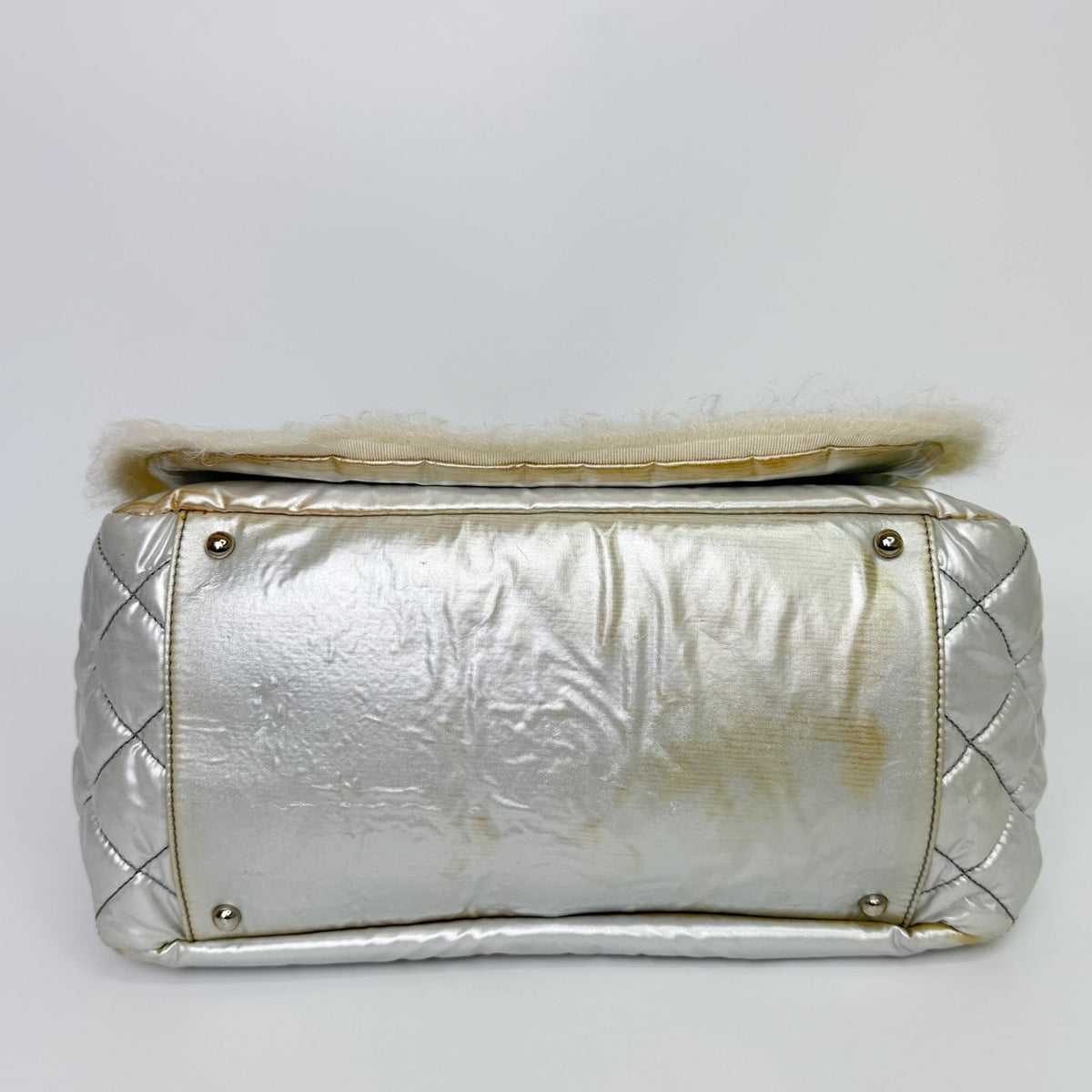 Chanel CC Logo Chain Tote Shoulder Bag Nylon Silver Ivory Seal Vintage — view 8