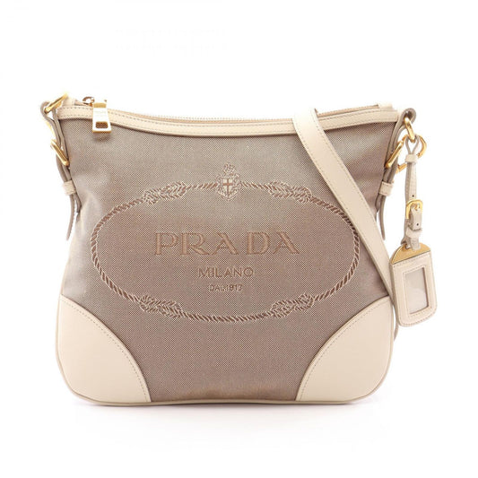 Prada Shoulder Bag Logo Jacquard Beige Ivory Canvas Leather